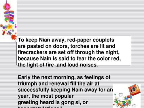 to keep nian away, red-paper couplets are pasted on doors