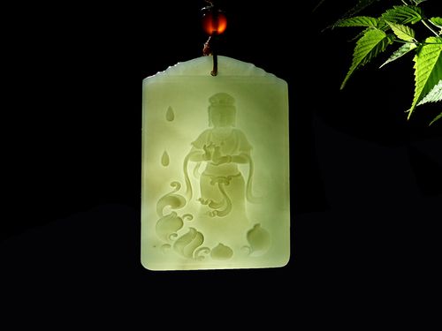 崔博玉雕工作室 海派玉雕大师 和田玉湖水绿【普度众生】玉牌 1342 x