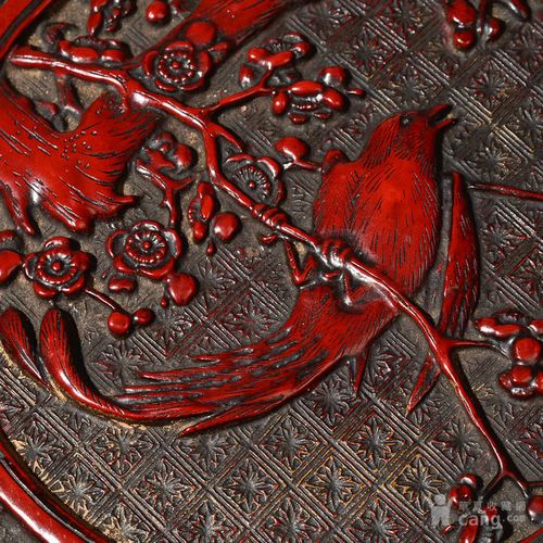 日本漆器 堆朱 花鸟纹盖盒