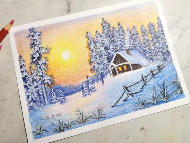 【彩铅】唯美彩铅风景绘——雪景小屋