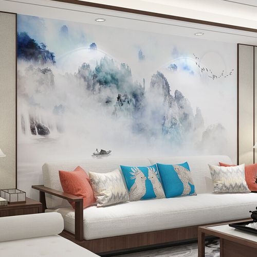 现代新中式墙布写意抽象水墨墙纸壁画电视客厅书房背景墙山水壁纸