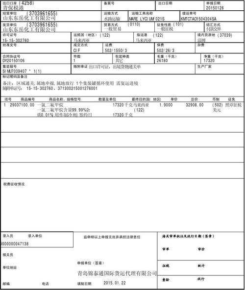 海关报关单样本