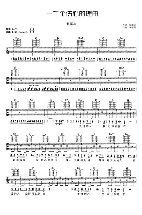 张学友一千个伤心的理由吉他谱张学友六线谱图片谱吉他谱