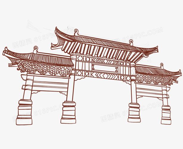 手绘线稿古代牌坊免抠元素