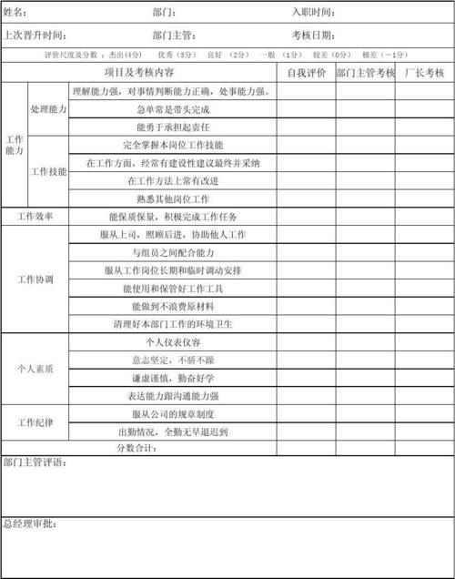 所有分类 表格/模板 表格类模板 员工晋升考核表 自我评价 部门主管