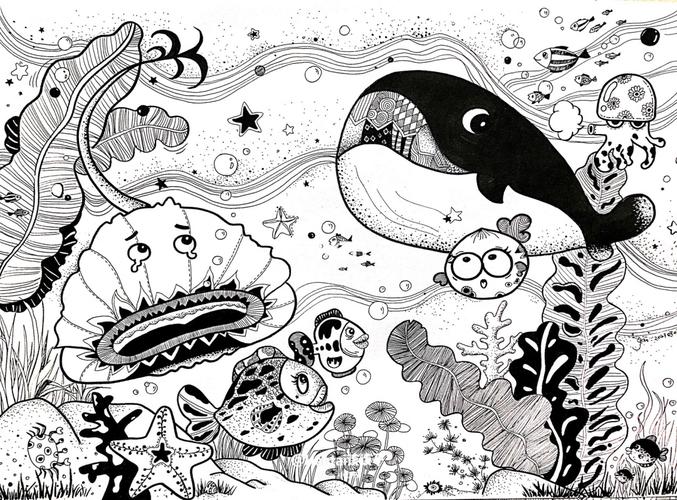 线描画|黑白线描|儿童线描《海底世界》_线描_儿童线描_文化_绘画
