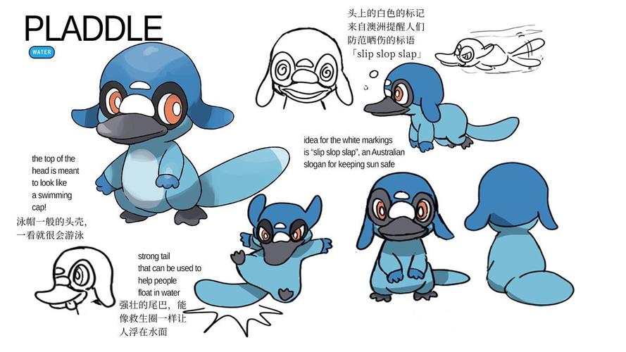 pladdle,则是留着一头「鲻鱼头」发型的鸭嘴兽宝可梦,灵感来源是悉尼
