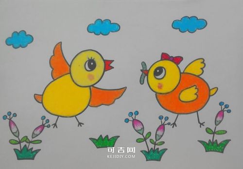 抓虫子的小鸡蜡笔画图片