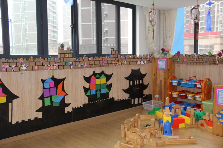 材料投放:房屋建筑背景墙,建筑图片和图形卡片,原木积木若干;补充