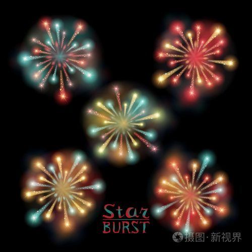 喜庆图案的烟花爆裂成各种形状,波光粼粼的象形图设置