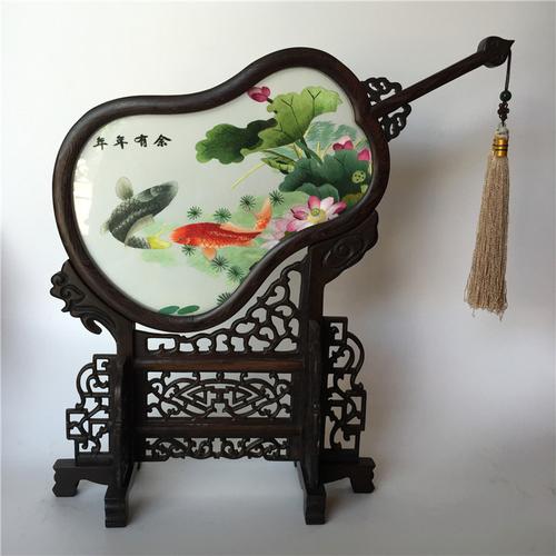 苏绣双面三异绣苏绣成品双面绣屏风摆件刺绣台屏葫芦扇倒扇木礼品米