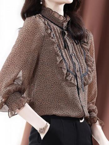 大-码雪纺衬衫女长袖2022新款秋装时尚显瘦印花木耳边拼接立领上衣