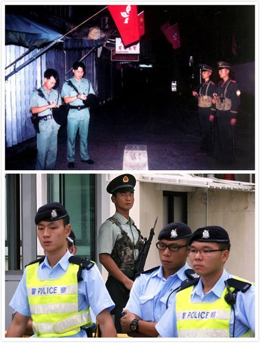 位于内地与香港交界的中英街,两名正在当值的皇家香港警察,将警帽上的