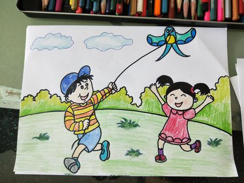 儿童画《放风筝》