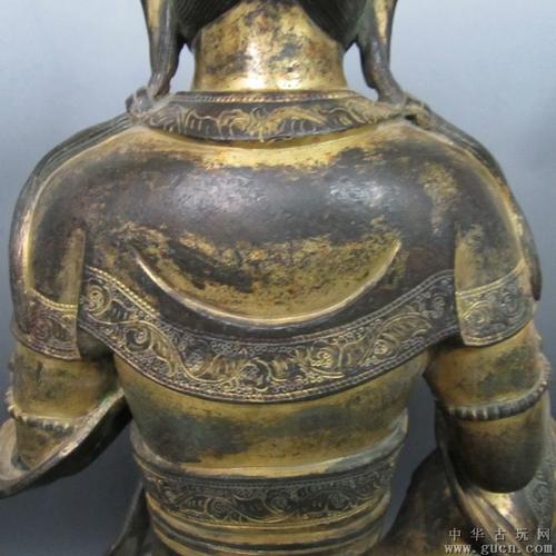 宗教收藏古玩铜器明晚期红青铜鎏金自在观音菩萨造像老铜佛像