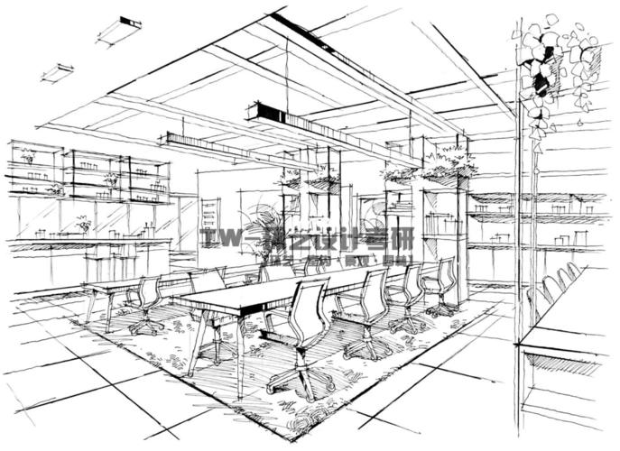 这是一张两点透视的办公空间,整体风格为现代风格.