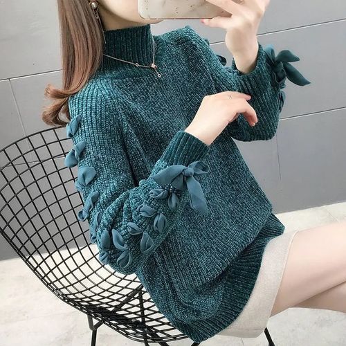 女士高领雪尼尔毛衣女2021新款秋冬加厚金丝绒粗线宽松打底针织衫