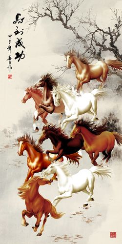 奔腾国画过道玄关装饰画马到成功挂画九骏