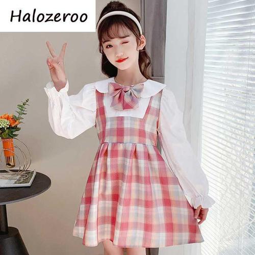 halozeroo儿童jk制服春秋套中大童长袖格子裙套装学院风连衣裙日系