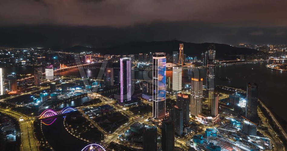 珠海横琴航拍ifc夜景有闪电划过4k素材