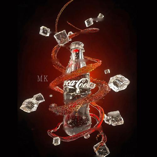 可口可乐流体海报广告c4d oc模型流体水注水柱冰块水珠