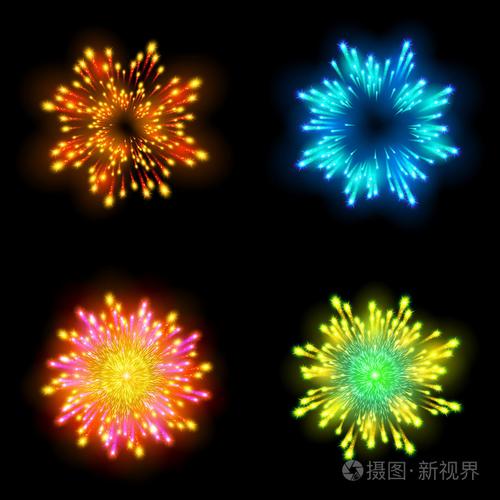 喜庆图案的烟花爆裂成各种形状,波光粼粼的象形图设置反对黑色背景