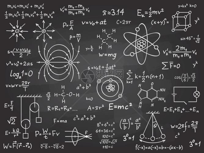 科学公式课堂黑板上的数学和物理计算法代数和物理科学手写矢量教育