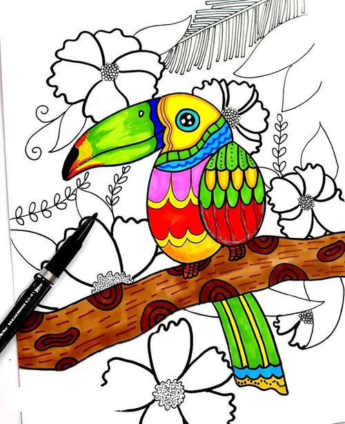 我爱画画线描《树上的大嘴鸟》儿童绘画教程