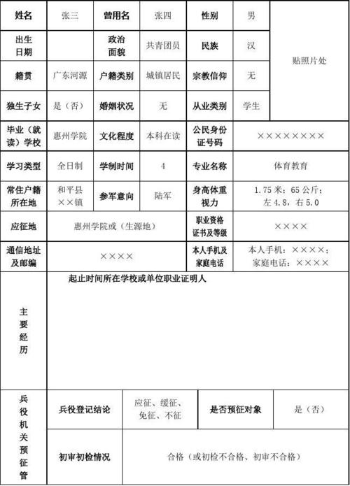 兵役登记表样本