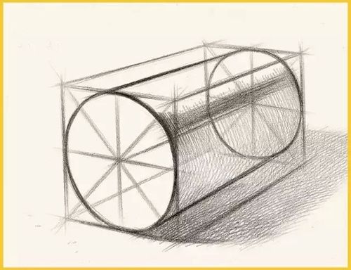 画圆柱体要了解近大远小,先画一个立方体的透视,正面画出两条对角线