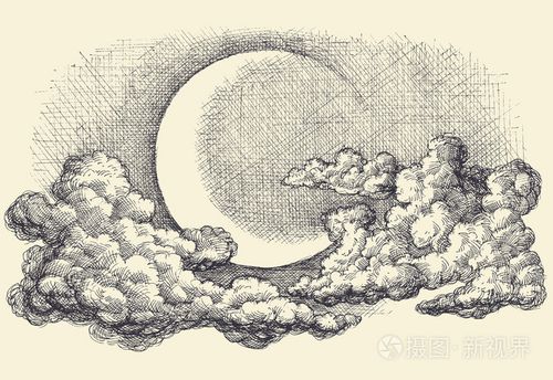 晚上天空矢量,月亮在云手绘插画-正版商用图片0sfln4