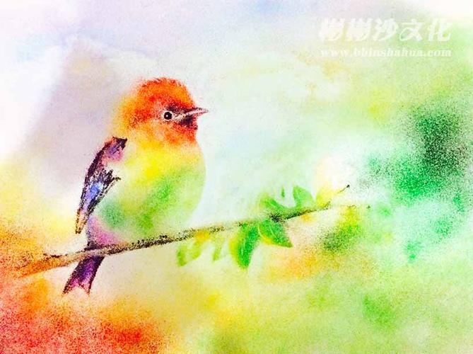 固彩沙画【枝头上的鸟】