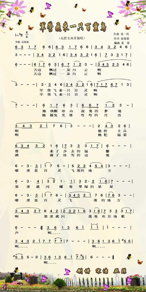 主题:军营飞来一只百灵鸟 歌手:伴奏 分类:民族 格式:简谱
