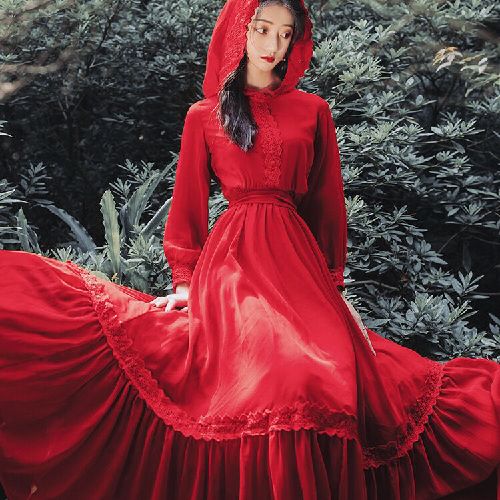 2022新款复古红裙雪纺连衣裙海边防晒大摆裙超仙迪拜