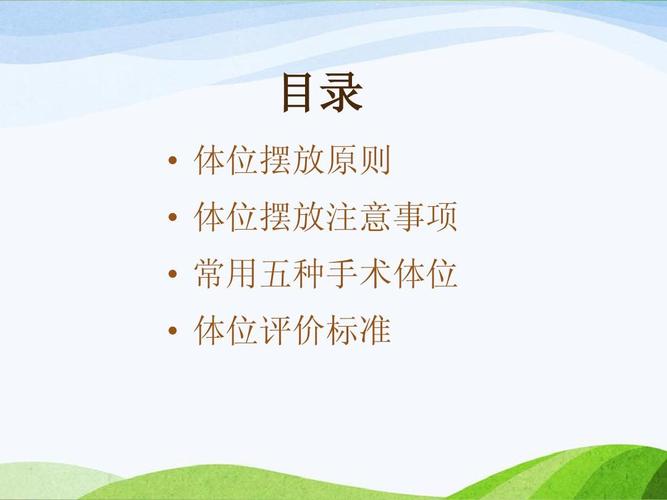 目录   体位摆放原则   体位摆放注意事项   常用五种手术体位   体位