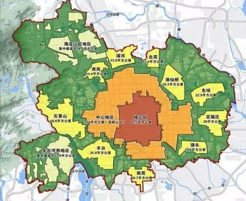 (中心城区空间结构规划图,丰台为南部区域重要板块)