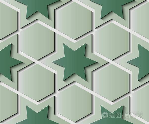 无缝浮雕雕塑装饰复古图案绿星多边形几何交叉万花筒.