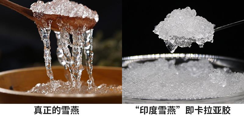 "印度雪燕"泡发后呈果冻状,不拉丝,而真正的雪燕泡发后像燕窝,有明显