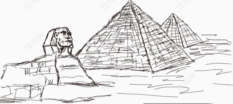 矢量古埃及金字塔狮身人面像线稿