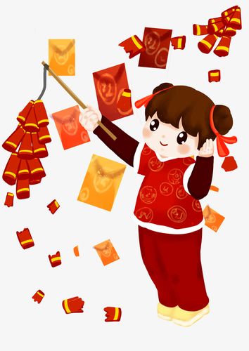手绘放鞭炮小女孩素材