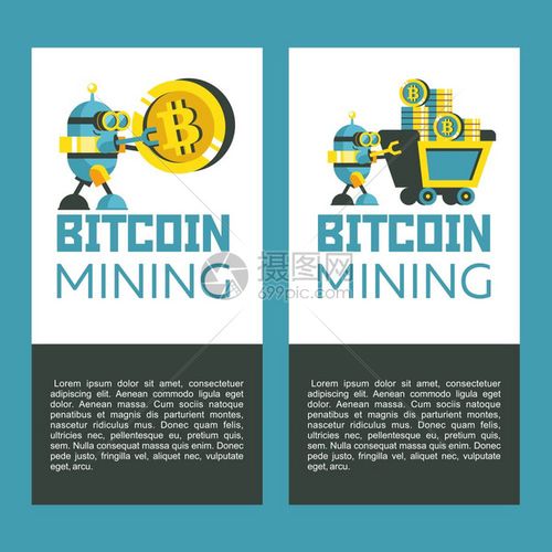 个可爱的机器人带着辆带比特币的采矿手推车矢量插图比特币挖矿图标集
