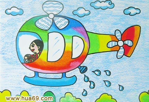 开直升飞机_儿童蜡笔画作品