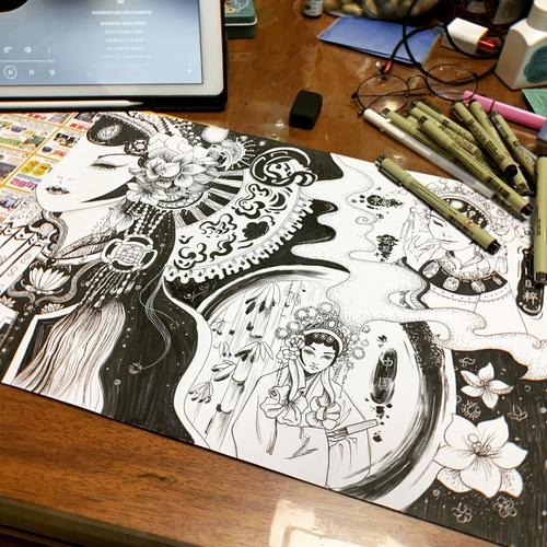 中国国粹 京剧花旦黑白线描画