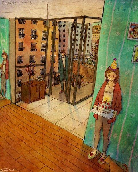 韩国插画师puuung的暖心爱情故事插画 - 爱图小站oi22.com