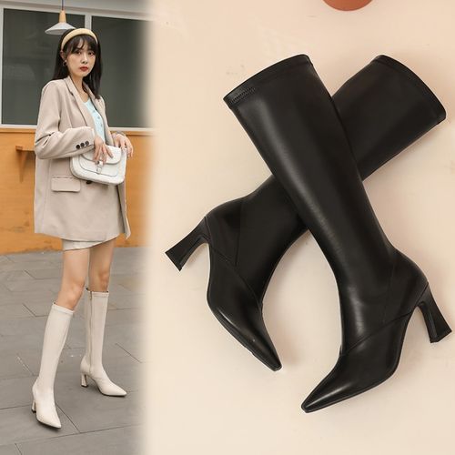 2020秋冬季新款高筒靴女米白色靴子高筒粗跟英伦风骑士靴t5077