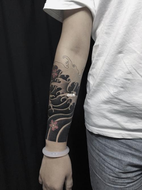 包小臂 浪花 板雾 樱花组合#花臂纹身