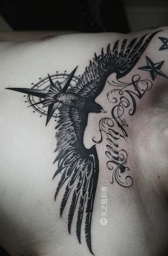雄鹰胸口花胸翅膀纹身/天之猫刺青