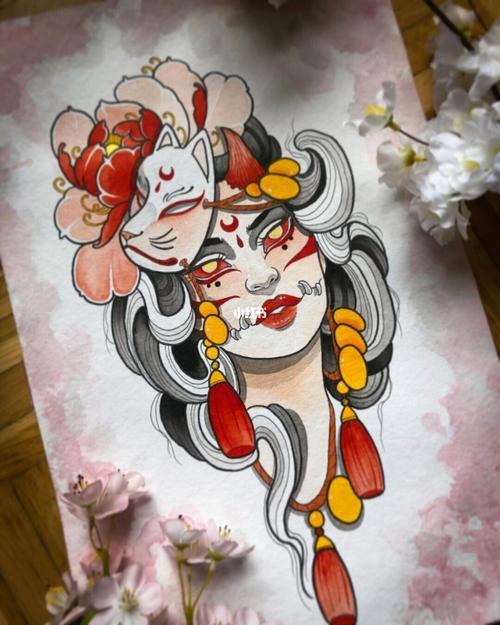 绝美纹身手稿分享面具艺妓_纹身_设计_面具_花臂_纹身
