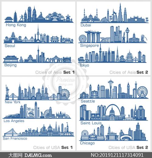 大城市地标建筑物剪影矢量素材集v1