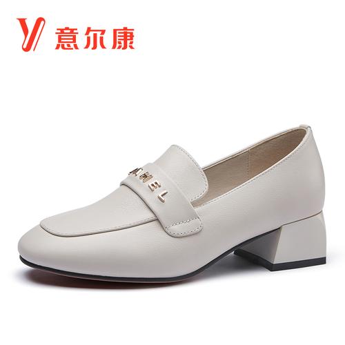 意尔康女鞋2021春季新款真皮单鞋女粗跟中跟小皮鞋百搭乐福鞋软皮主图
